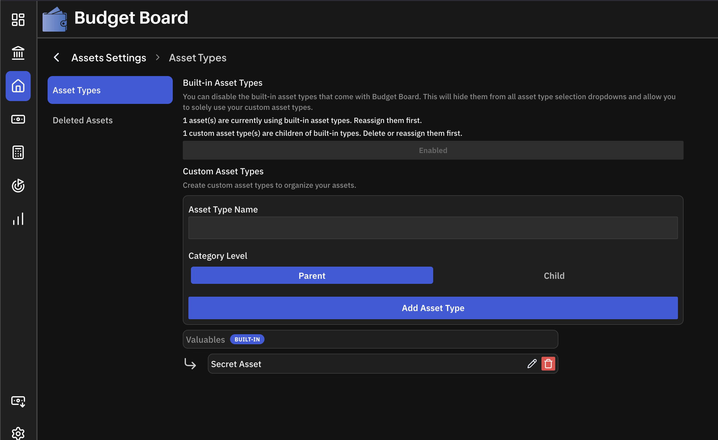 Asset Type Settings