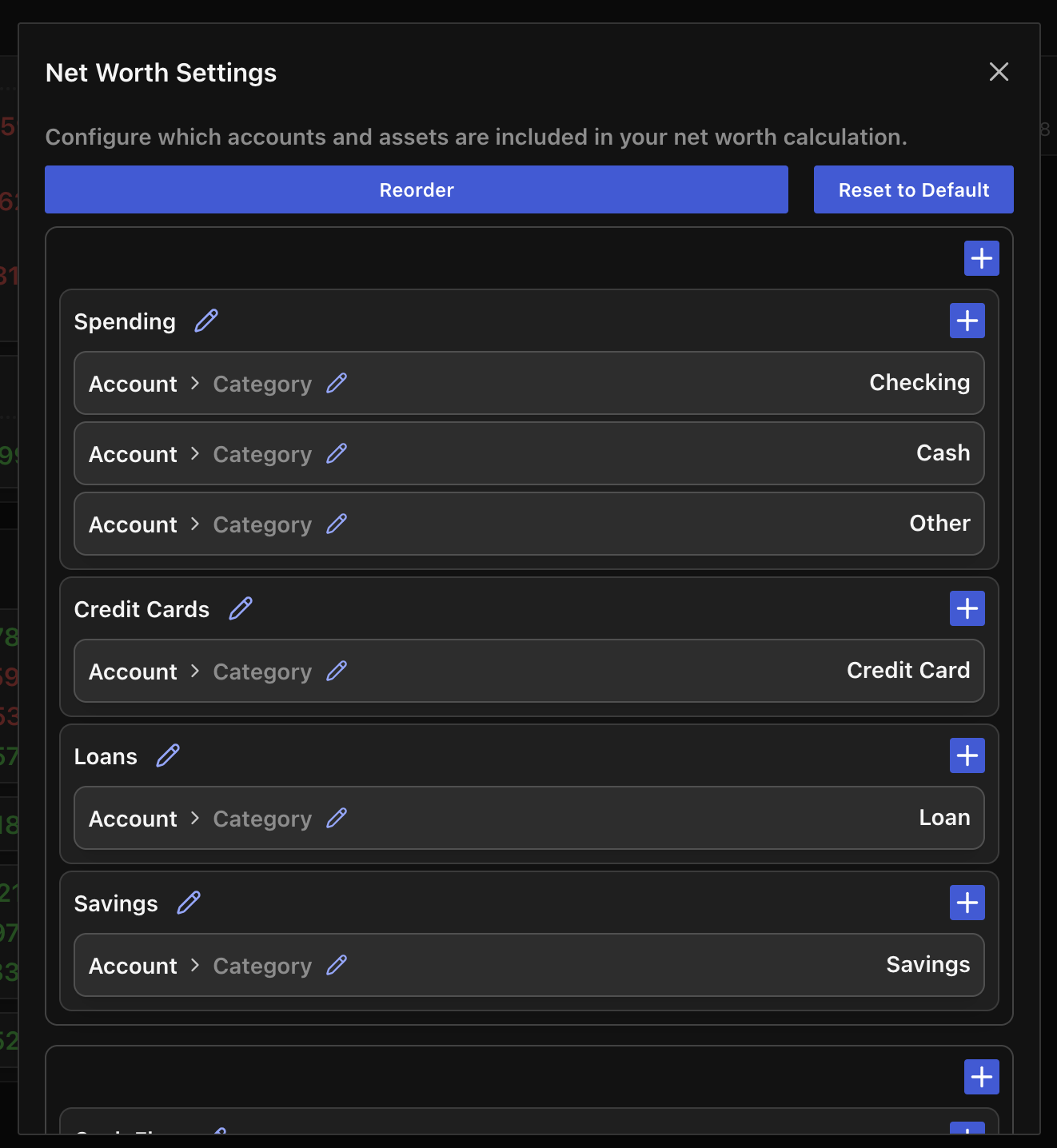 Net Worth Settings