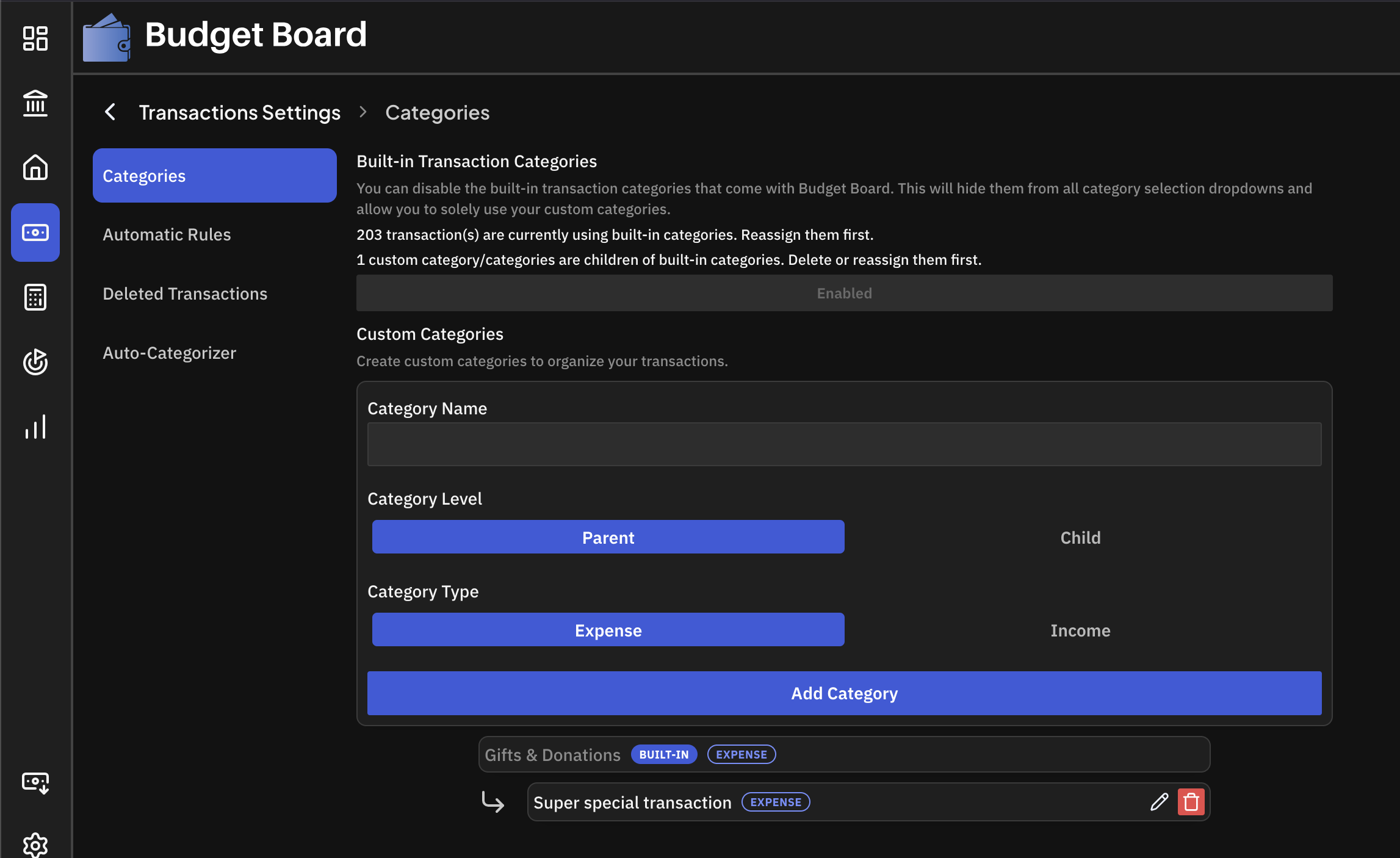 Transaction Category Settings